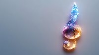 Glowing treble clef musical symbol with sparkling blue, pink and golden light effects on gray background, magical music concept for design projects.