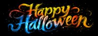 Colorful gradient lettering Happy Halloween text with glowing effect and sparkles on black background, festive seasonal greeting design for cards and banners.