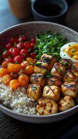 Grilled chicken skewers with couscous, cherry tomatoes, fresh herbs and sunny side up egg in ceramic bowl. Healthy Mediterranean meal with vibrant colors.