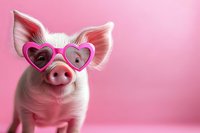 Adorable pink piglet wearing heart-shaped sunglasses on pastel background for Valentine's Day marketing, greeting cards, and romantic campaigns.