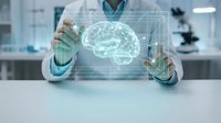 Medical professional using futuristic holographic brain interface technology in modern laboratory for neurological research and healthcare innovation.