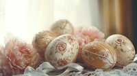 Decorated Easter eggs with floral patterns and pink peonies create elegant spring holiday composition for seasonal celebrations and festive decorations.
