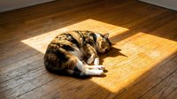 Tabby cat resting on wooden floor in sunlight, relaxed feline lounging indoors for pet and lifestyle content.