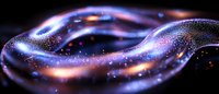Glowing cosmic wave with purple and orange light effects on black background, sparkling particles creating dynamic flowing motion for space design projects.