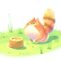 Fluffy orange cat with striped tail standing beside wooden bowl in green meadow. Watercolor style illustration for children's books.