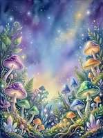 Enchanted forest floor with glowing mushrooms, magical plants, and starry night sky creating a whimsical woodland fantasy scene suitable for children's book illustrations and fantasy artwork.