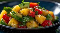 Fresh mango salad with red bell peppers, avocado, and herbs in black bowl, garnished with black pepper and cilantro, bright colorful healthy food.