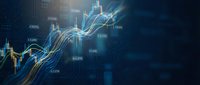 Financial market data visualization with glowing charts and trading indicators on dark blue background for investment analysis and economic forecasting.