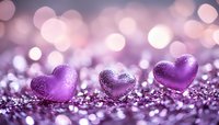 Purple heart decorations on glittery surface with soft bokeh background in romantic pink tones, creating dreamy Valentine's Day or wedding atmosphere.