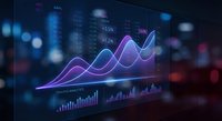 Futuristic holographic financial data visualization with glowing purple and blue growth charts, analytics dashboard and market trends for business presentations.