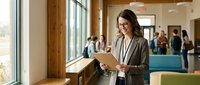Professional businesswoman with glasses reading documents in modern office conference center with colleagues networking in background.