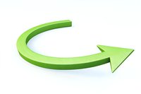 Curved green arrow pointing right on white background, isolated design element for presentations, infographics and business concepts.