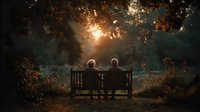 Two people sitting on wooden bench watching golden sunset through autumn trees in peaceful park setting creating romantic atmosphere.