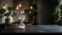 Hourglass with flowing sand on dark stone surface, warm Edison bulbs and tropical plants in blurred background, time concept.