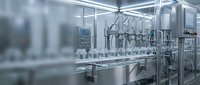 Modern automated bottling production line in sterile pharmaceutical or beverage manufacturing facility with stainless steel equipment and glass containers.