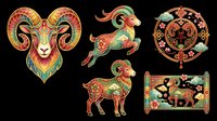 Aries ram head with ornate horns and decorative patterns, isolated on transparent background. Ready for t-shirt design, clipart, stickers, sublimation, and print-on-demand products. Includes matching goat illustrations and ornamental zodiac elements.