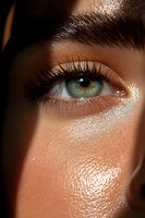 Close-up of green eye with long eyelashes and glowing dewy skin showing natural freckles and shimmer highlight makeup for beauty and cosmetic advertising.
