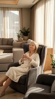 Middle-aged woman with blonde hair relaxing in modern living room armchair, holding cup of tea or coffee, surrounded by potted plants and natural light from sheer curtains.