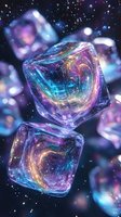 Holographic ice cubes with rainbow swirls floating in cosmic space with glowing particles and nebula background for futuristic design projects.