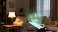 Smart home automation control interface with digital tablet showing IoT connectivity icons for modern living room management and energy efficiency.