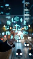 Businessman touching digital interface with justice scales and diversity icons representing legal technology and human rights in modern city environment.