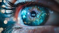 Macro shot of human eye with digital technology concept overlay showing futuristic interface and AGI text reflected in iris against turquoise background.