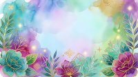 Watercolor floral frame with vibrant pink and purple blooms, green foliage, and golden accents on soft pastel background. Isolated design element suitable for invitations, greeting cards, and decorative projects.