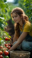Young Caucasian woman in denim overalls and yellow t-shirt harvesting fresh tomatoes in garden on sunny summer day, natural organic farming and sustainable lifestyle.