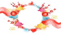 Colorful Chinese New Year frame with red lanterns, plum blossoms, flowing clouds and traditional decorative elements on white background for festive designs.