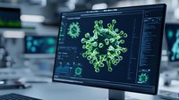 Green glowing virus cell structure on computer monitor screen in scientific laboratory setting, molecular biology research visualization for medical studies.