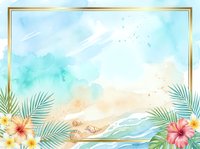 Watercolor tropical beach scene with palm fronds, colorful flowers, and sandy shore. Isolated design on white background, ready for invitations, posters, and greeting cards.