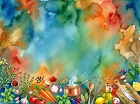 Watercolor cooking background with fresh vegetables, fruits, and kitchen utensils arranged on bottom border against colorful abstract wash. Culinary design element.