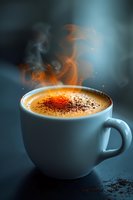 Steaming hot cappuccino in white ceramic cup with sprinkled cocoa powder and magical glowing steam rising against dark moody background.