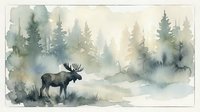 Watercolor moose standing in misty forest clearing with evergreen trees. Soft nature painting in muted tones perfect for home decor and wildlife art projects.