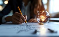 Creative process shown through hands sketching on paper with glowing light bulb symbolizing innovation and inspiration in soft evening lighting atmosphere.