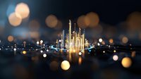 Futuristic digital city skyline with glowing golden skyscrapers emerging from circuit board landscape against dark background with bokeh light effects.