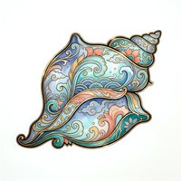 Ornate seashell with decorative swirls and flowing patterns in blue, coral, and teal tones. Isolated design element suitable for apparel, home decor, and graphic projects.