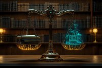 Antique brass scales balancing digital holographic city against circuit board elements in law library setting with warm lighting and vintage books background.