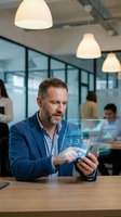 Middle-aged Caucasian businessman using holographic data interface on smartphone in modern office workspace with colleagues working in background.
