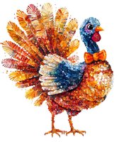 Festive turkey with orange bow tie and colorful feathers in watercolor style on white background, isolated design element for Thanksgiving decoration.