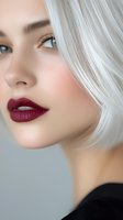 Close-up portrait of young woman with platinum blonde hair, bright blue eyes and burgundy lipstick against light background, showing flawless skin and modern makeup.