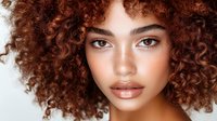 Young mixed race woman with natural curly red hair and glowing skin wearing neutral makeup against light background, fashion beauty portrait closeup.