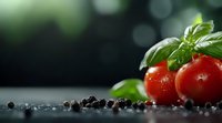 Fresh cherry tomatoes with water drops and basil leaves on dark background with scattered black peppercorns, moody food photography for restaurant menu.