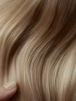 Closeup of blonde wavy hair strands with natural highlights and lowlights being gently held by manicured fingers, showing texture and shine for beauty and haircare.