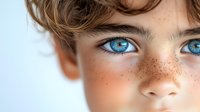 Close up portrait of young caucasian boy with bright blue eyes, freckles and brown curly hair against light background. Natural beauty concept for skincare and youth.