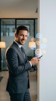 Caucasian male professional in dark business suit holding smartphone with floating digital communication icons including chat bubbles and service symbols for customer support and business technology concepts.