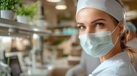 Caucasian female medical professional wearing protective face mask and white uniform in hospital setting, looking confidently at camera with natural lighting.