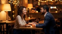 Romantic couple enjoying intimate dinner date with wine glasses in cozy restaurant with warm lighting and festive bokeh lights creating perfect atmosphere.