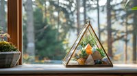 Glass pyramid terrarium with succulents and crystals on windowsill against blurred forest background creating cozy home atmosphere with natural decor elements.