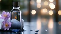 Elegant glass perfume bottle with purple flowers and spa stones on reflective surface with warm bokeh lights creating luxurious aromatherapy ambiance.
